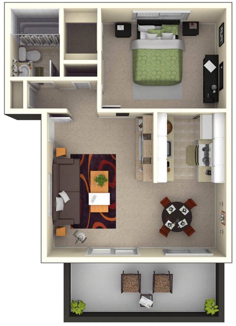 Floor plan for 1 bed, 1 bath, 600 sqft